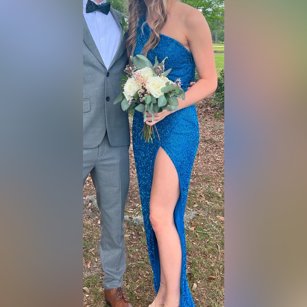 Elegant Blue Sequin Gown with High Slit